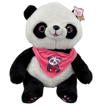 Panda Plüschtier ca. 39 cm sitzend mit pinkem Halstuch und Herz-Motiv – großes Schwarz-Weiß-Kuscheltier mit pinken Pfotenballen, ideal als Geschenk oder Deko.